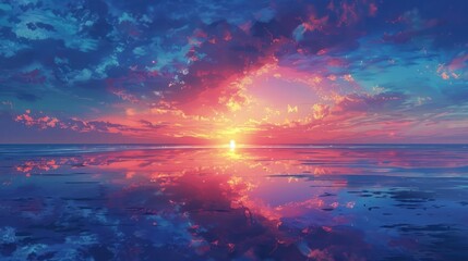 Fototapeta premium A vibrant sunset over a calm sea, reflecting colorful clouds and light.