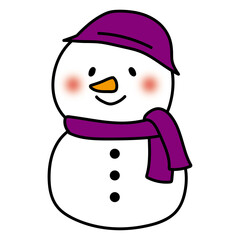 紫のマフラーと紫の帽子をかぶったニンジンの鼻の雪だるま