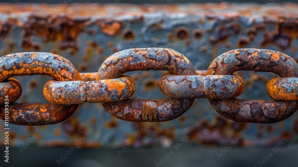 Poster a close-up view of a rusty metal chain showcasing texture and decay.