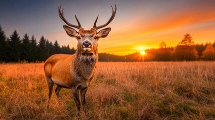 Naklejka premium Deer in Golden Meadow at Sunset