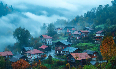 Fototapeta premium The mountain village emerges amidst the dense morning fog, creating a serene and mysterious atmosphere. and Fogs