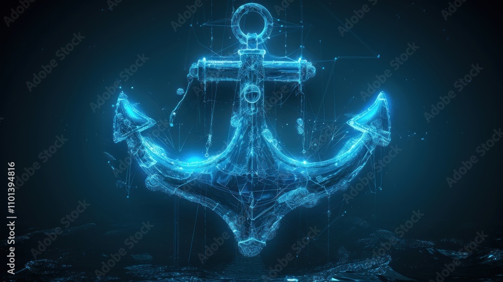 Poster a glowing digital anchor symbolizing stability and connection in a futuristic design.
