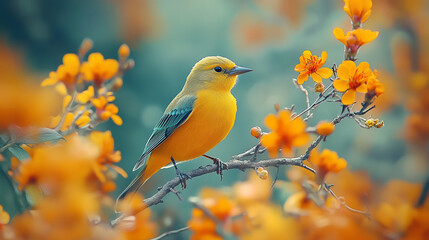 Yellow bird perches on branch amidst orange blossoms. Suitable for spring and naturethemed designs, cards, and greeting cards. Bright and colorful. Generated AI