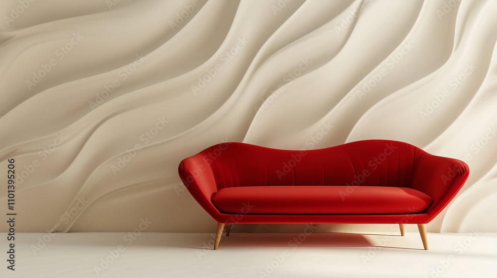 Aufkleber a red sofa with a minimalistic design stands out against a smooth beige wall with abstract, flowing 