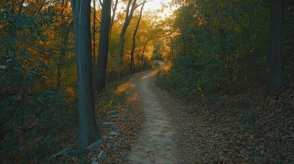 Obraz premium Scenic autumn path winding through trees with golden foliage, inviting exploration in a tranquil natural landscape during sunset