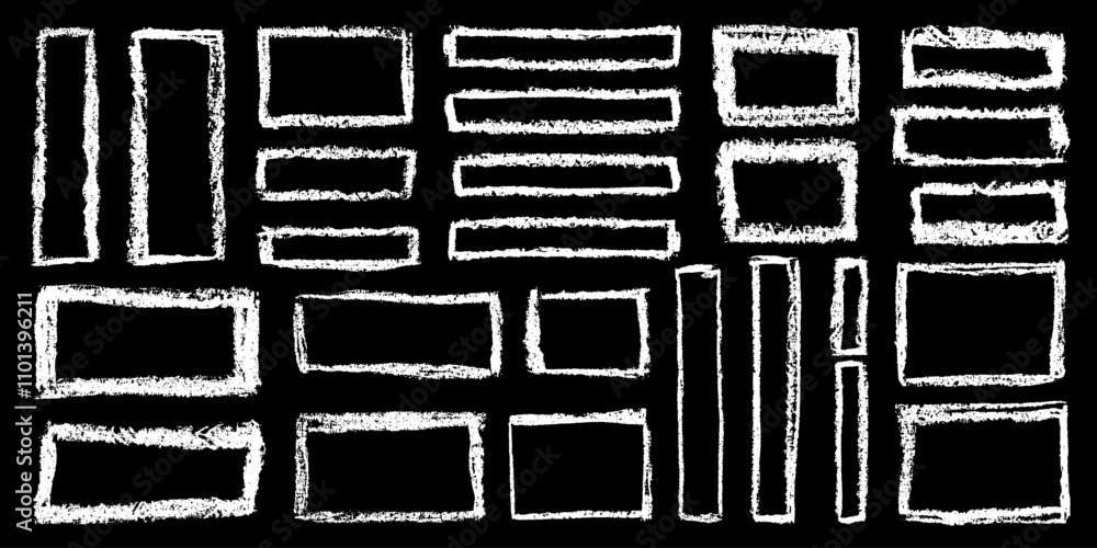 Poster chalk grunge rectangular frames set. chalkboard sketches. grunge frames collection. white chalk rect
