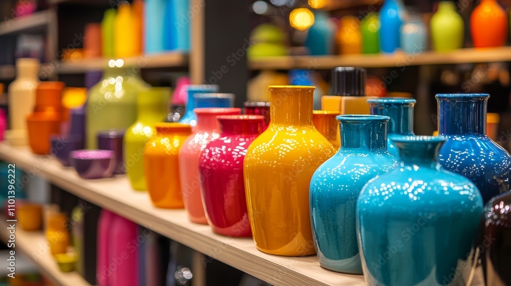 Poster shelf with colorful ceramic vases in various shapes and sizes