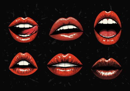 Pop art illustration of red lips in various expressions on black background