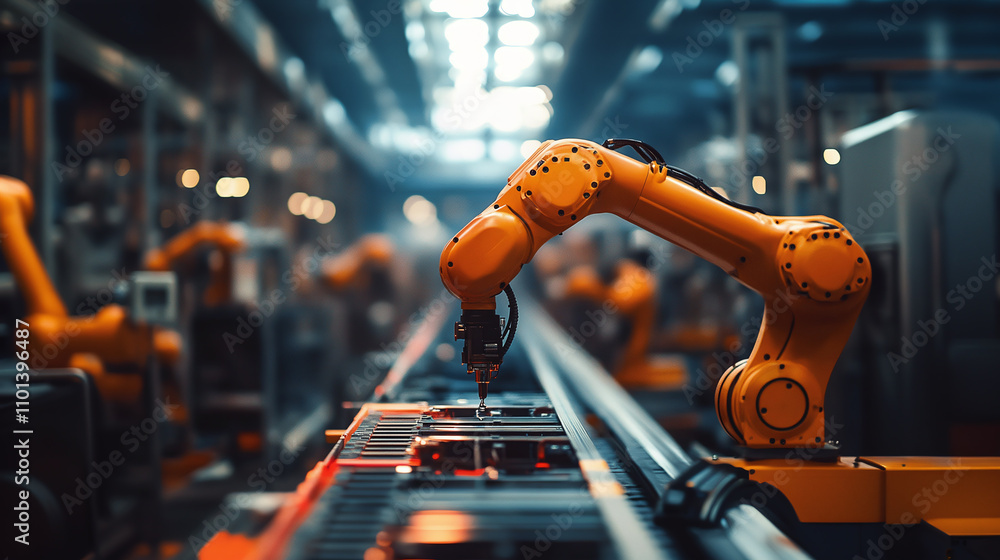 Poster industrial robotic arm operating on an automated assembly line in a modern factory, showcasing advan