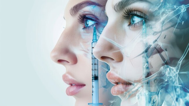 A side profile of a woman with a syringe in focus, blending facial features and abstract scientific imagery, representing cosmetic procedures like dermal fillers or Botox injections.