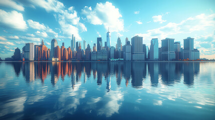 City skyline reflection on water suitable for travel brochures, city guides, websites, posters, or social media posts for urban exploration. Generated AI