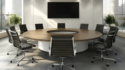 Modern Conference Room,  Sleek Round Table with Black Leather Chairs,  City View Background, Sunlit Interior Design