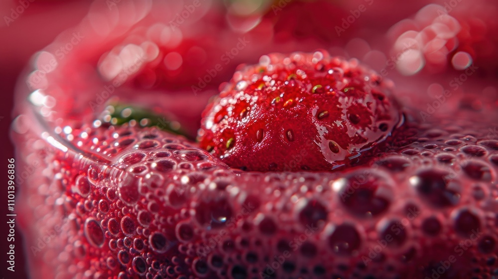 Poster close-up of a refreshing beverage with strawberries and bubbles.
