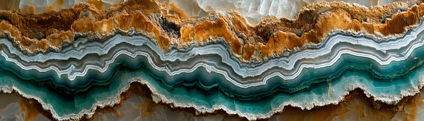 Obraz premium Abstract Teal & Brown Stone Texture, Layered Mineral Formation with Wavy Patterns, Showing Geological Processes and Natural Beauty