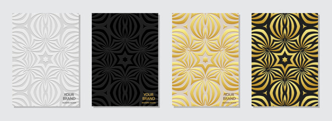 Set of covers, vertical templates. Festive collection of relief, geometric backgrounds with 3D patterns, embossing. Handmade, mandala, logo. Ornamental ethnicity of the East, Asia, India, Mexico.