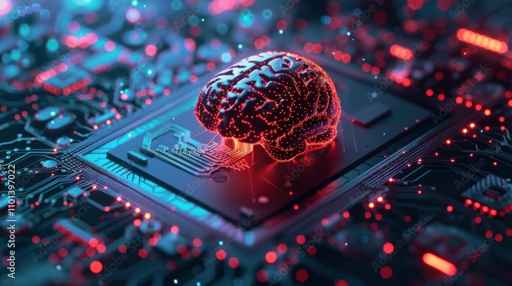 Poster a digital brain on a circuit board, symbolizing artificial intelligence and technology integration.