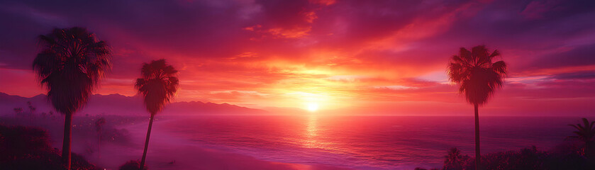 Fototapeta premium Vibrant Sunset over Ocean, Palm Trees Silhouette Against Fiery Sky, Coastal Landscape, Dramatic Hues, Warm Colors, Idyllic Scene