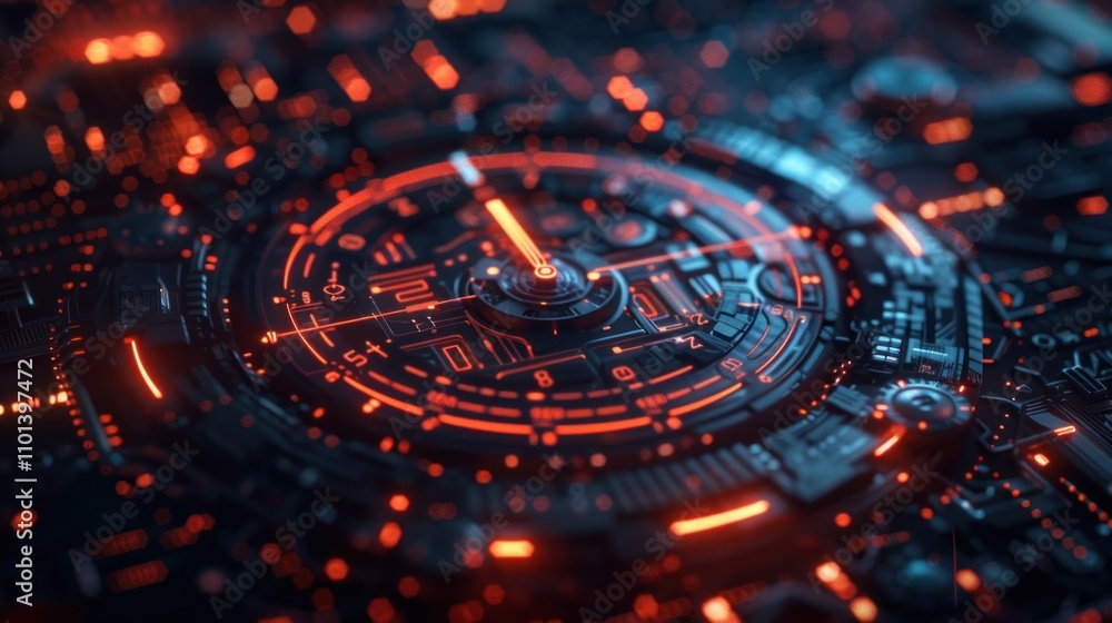 Poster a close-up view of a futuristic circuit board with glowing orange elements.