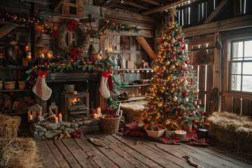 Christmas on the Farm: inside an old wooden barn stands a handmade Christmas tree adorned with wooden and fabric ornaments. Hay bales are covered with warm blankets