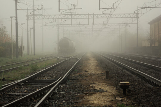 Train on a railway track in the mist, Spinetta Marengo, Alessandria, Piedmont, Italy