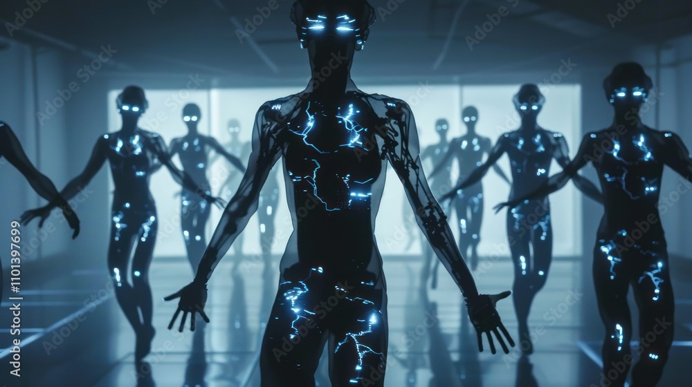 Poster a group of humanoid figures with glowing circuitry in a futuristic setting.