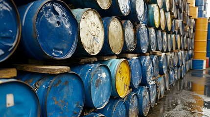 Stack of Weathered Blue and Yellow Industrial Barrels Outdoors