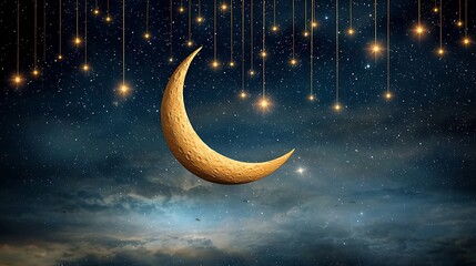 The crescent moon hangs delicately in the dark blue sky, surrounded by a multitude of twinkling stars, creating a mesmerizing night sky that invites wonder and awe at the vast expanse of the universe.