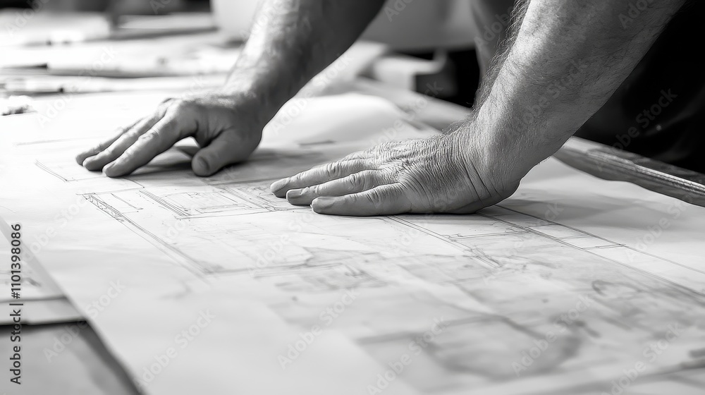 Poster hands studying architectural blueprints