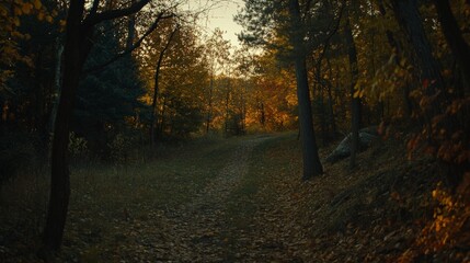 Fototapeta premium Serene Forest Pathway Surrounded by Vibrant Autumn Foliage and Golden Rays of Sunlight, Perfect for Nature Enthusiasts Seeking Tranquility and Scenic Beauty