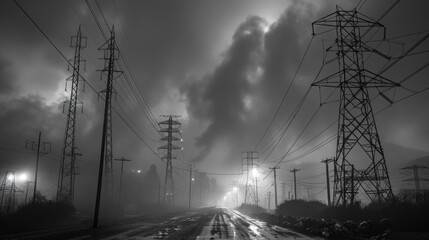 A moody, atmospheric landscape featuring power lines and fog.