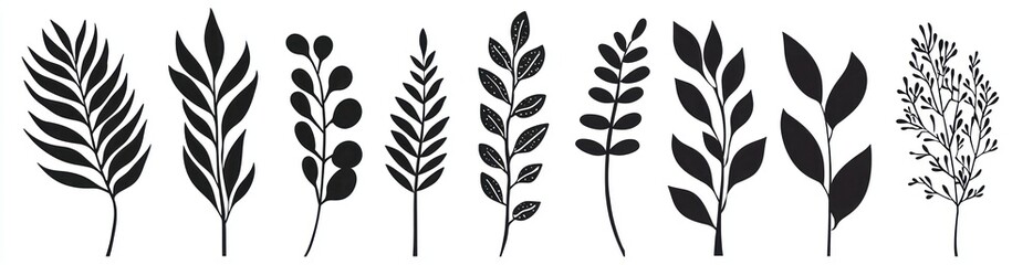 Fototapeta premium Minimalist Black and White Silhouette Illustrations of Various Botanical Stems with Leaves Generative AI