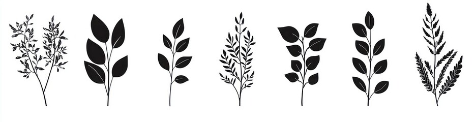 Fototapeta premium Silhouette botanical illustrations of various leaves and branches with berries in black on a white background Generative AI