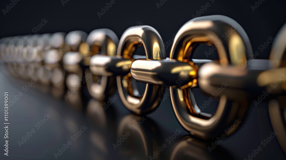 Poster a close-up view of a metallic chain with a shiny, reflective surface.