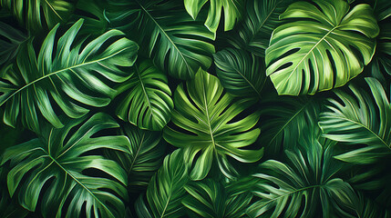 Lush green tropical leaves background, suitable for naturethemed designs, tropical travel websites, ecofriendly products, and wellness spa promotions. Generated AI