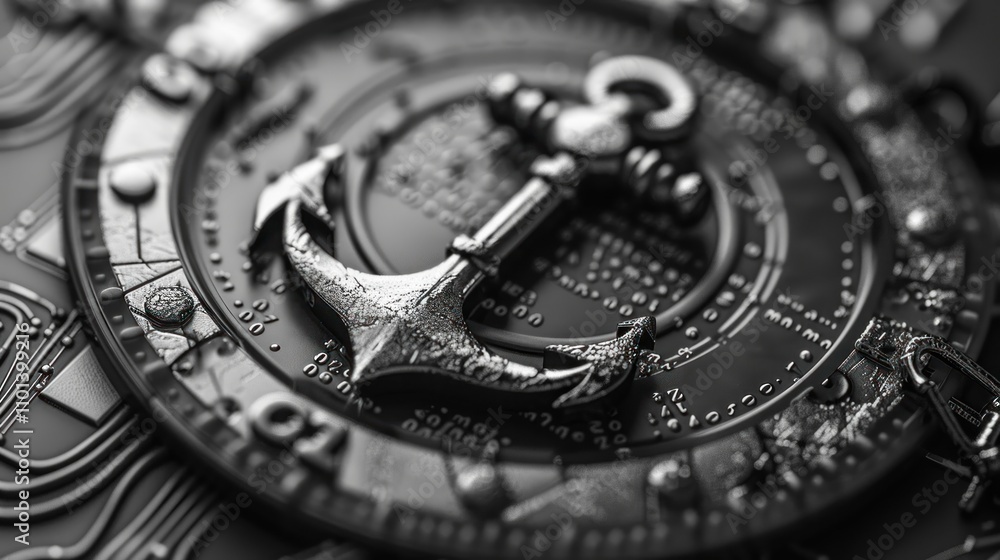 Poster a detailed anchor design embedded in a circuit-like background, symbolizing technology and maritime 