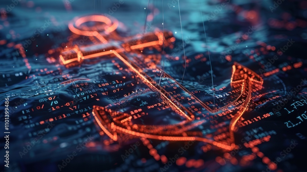 Aufkleber an illuminated anchor symbol over a digital background of data and code.