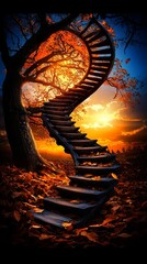 Obraz premium Enchanted Staircase in Autumn Sunset