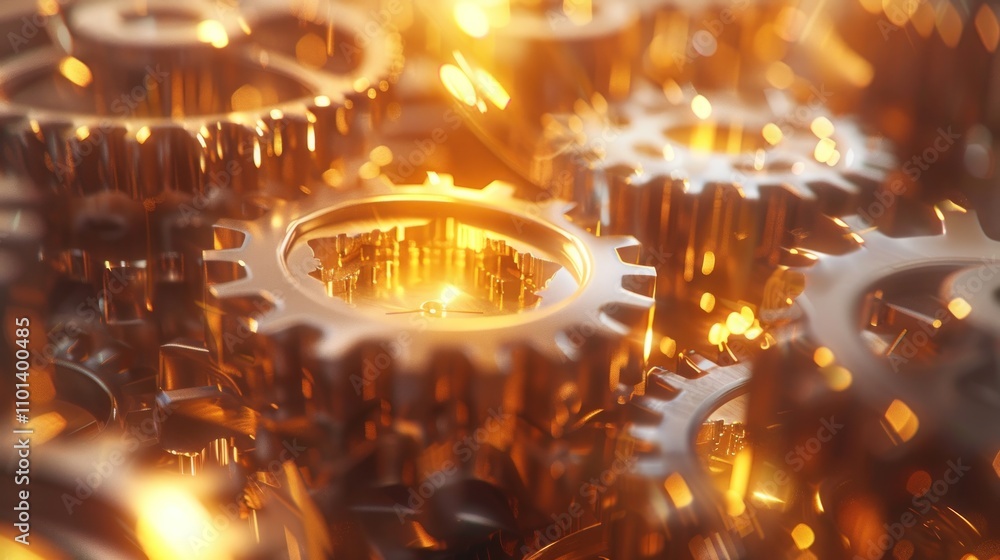 Poster a close-up view of interlocking metallic gears reflecting warm light.