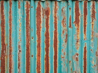 Obraz premium Weathered rusty metal wall with peeling turquoise paint Generative AI