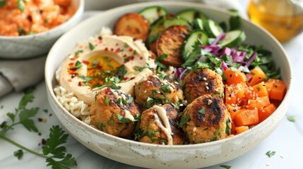 A colorful bowl featuring falafel, hummus, vegetables, and grains, promoting healthy eating.