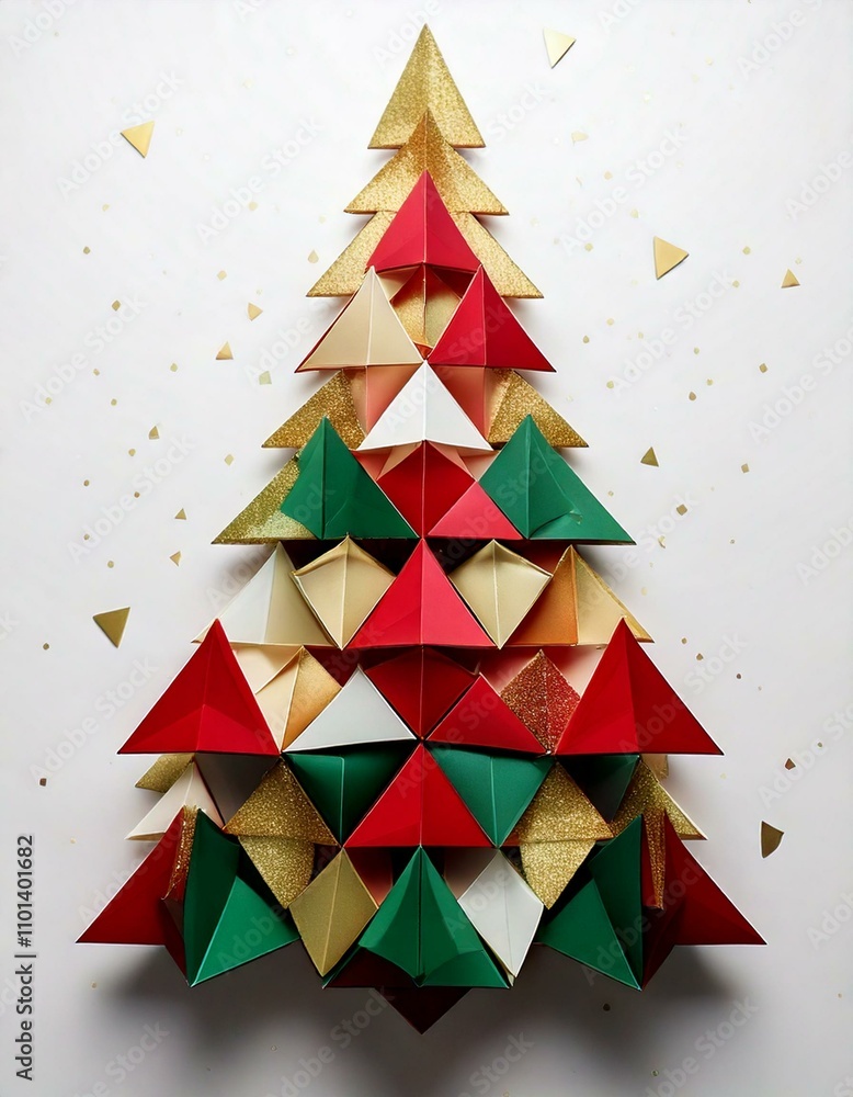 Poster overlapping red, green,and white triangular shapes arrange in a minimalist abstract style , christma