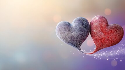 Fototapeta premium The illustration depicts two intricate hearts swirling and moving gracefully against a vibrant purple background, creating a harmonious and romantic dance.
