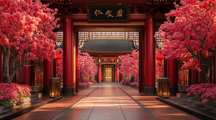 Red blossoms framing pathway to Chinese temple with traditional architecture. Suitable for travel, culture, Asiathemed designs and backgrounds. Generated AI