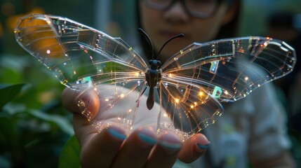 Naklejka premium A person holds a glowing, transparent butterfly made of lights and intricate design.