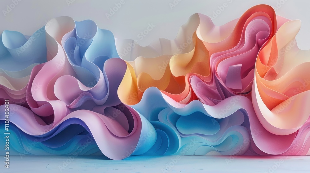 Poster a vibrant, abstract composition of flowing shapes in soft colors, creating a dynamic visual effect.