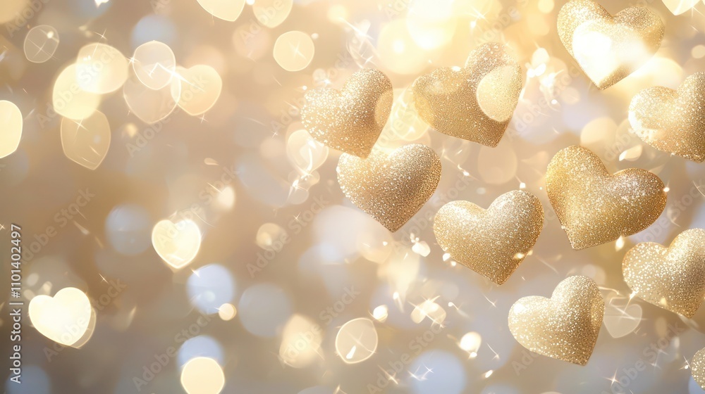 Poster elegant new year bokeh effect with shimmering heart-shaped lights in soft champagne colors.