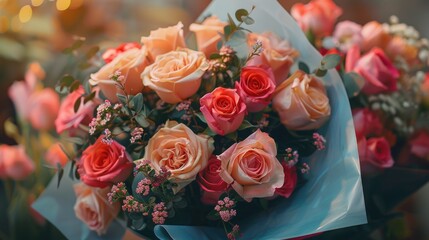 Fototapeta premium A vibrant bouquet of roses in soft pastel colors, perfect for gifting or decoration.