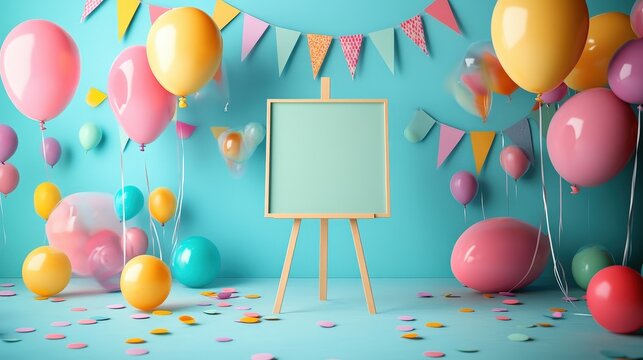 Festive Celebration Background with Colorful Balloons, Blank Canvas on an Easel, and Decorative Banners for Creative Projects