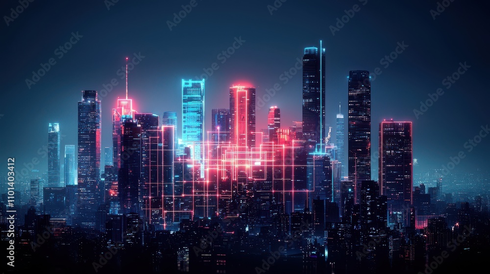 Poster a futuristic cityscape illuminated with neon lights and digital patterns, showcasing a blend of tech