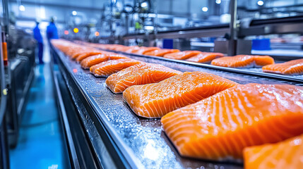 Fresh, vibrant salmon fillets on a modern production line in a seafood factory, showcasing quality food processing and industrial efficiency.